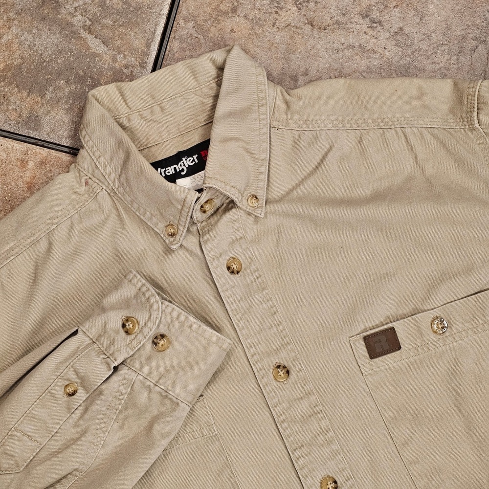 Wrangler Riggs Workwear Mens Khaki Cotton Twill Button Down Shirt 3W501KH Large